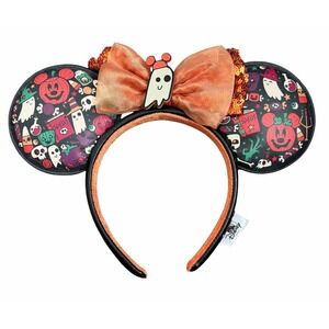 Disney Parks Halloween Ghost Sequin Bow Pumpkin Minnie Ears Headband
